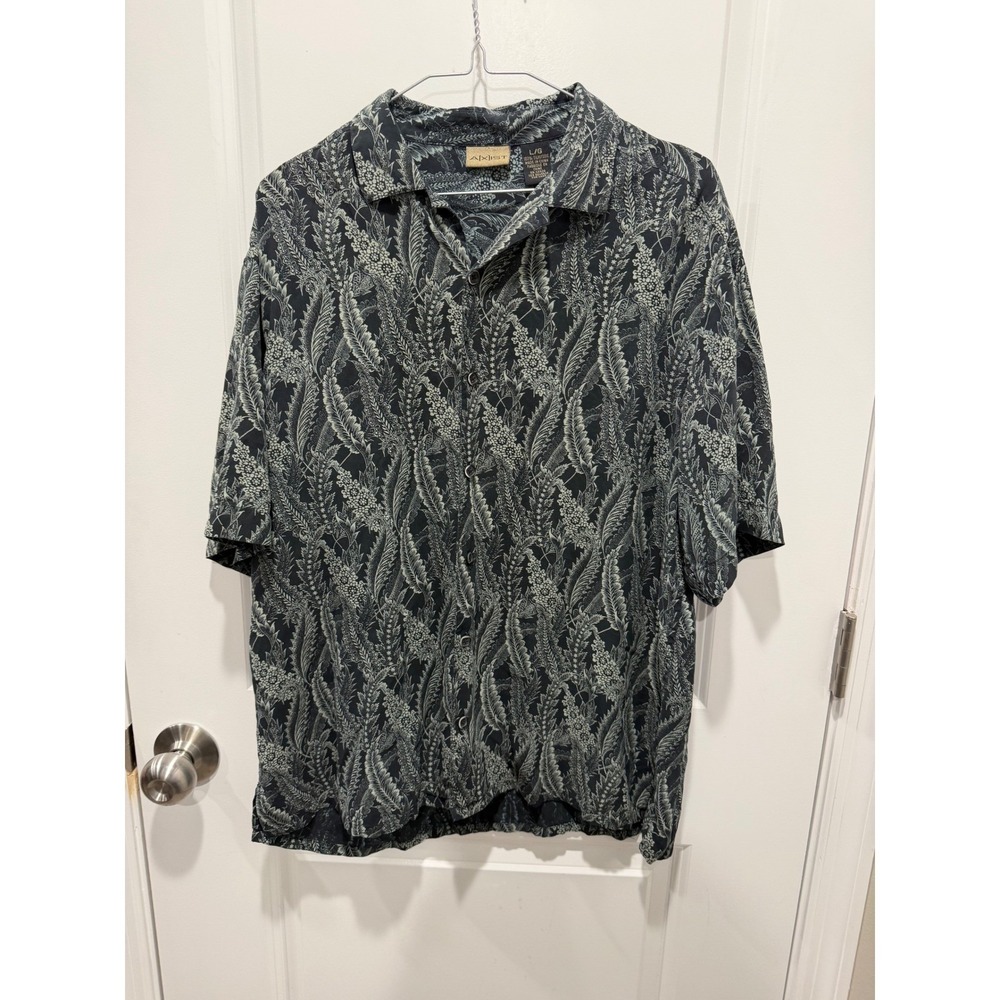Axist Men Shirt 100% Silk Botanical Leaf Print Black Green Size L
